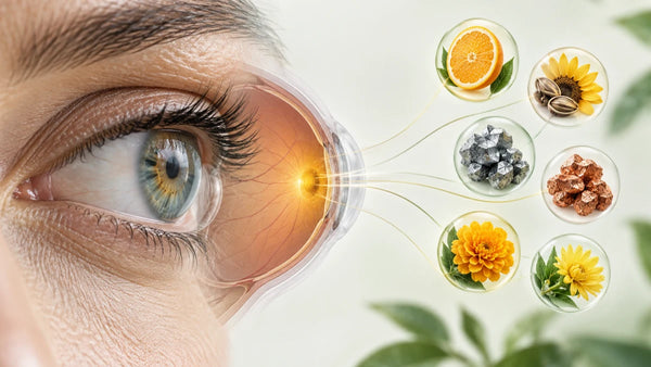 Illustration d’un œil et des nutriments associés à la formule AREDS 2