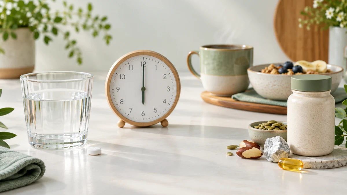 Levothyrox et compléments alimentaires : verre d’eau, horloge et petit-déjeuner pour organiser les prises
