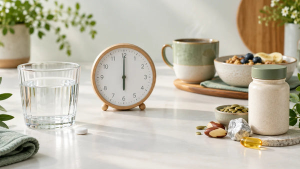 Levothyrox et compléments alimentaires : verre d’eau, horloge et petit-déjeuner pour organiser les prises