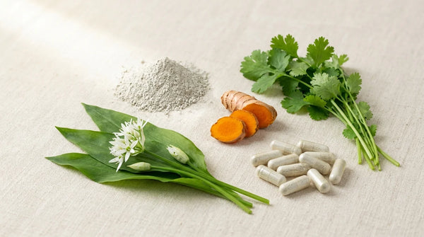 Ingrédients naturels pour la détoxification : zéolithe clinoptilolite, ail des ours en fleurs, curcuma frais, coriandre et gélules de glutathion