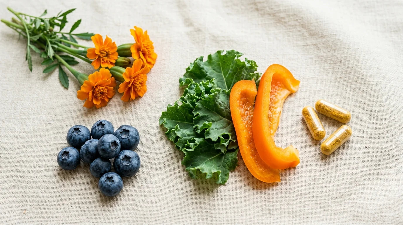 Ingrédients naturels riches en lutéine, zéaxanthine et antioxydants pour la santé visuelle : fleurs de souci, myrtilles, poivron, kale et gélules