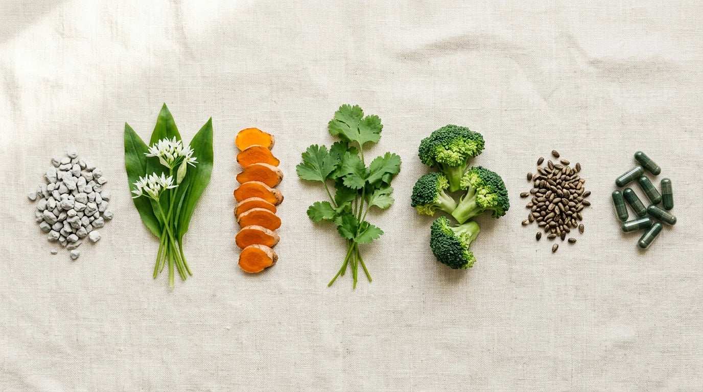 Ingrédients naturels pour la détox et l'élimination des métaux lourds alignés sur lin crème : zéolithe, ail des ours, curcuma, coriandre, brocoli, graines de chardon-marie et gélules