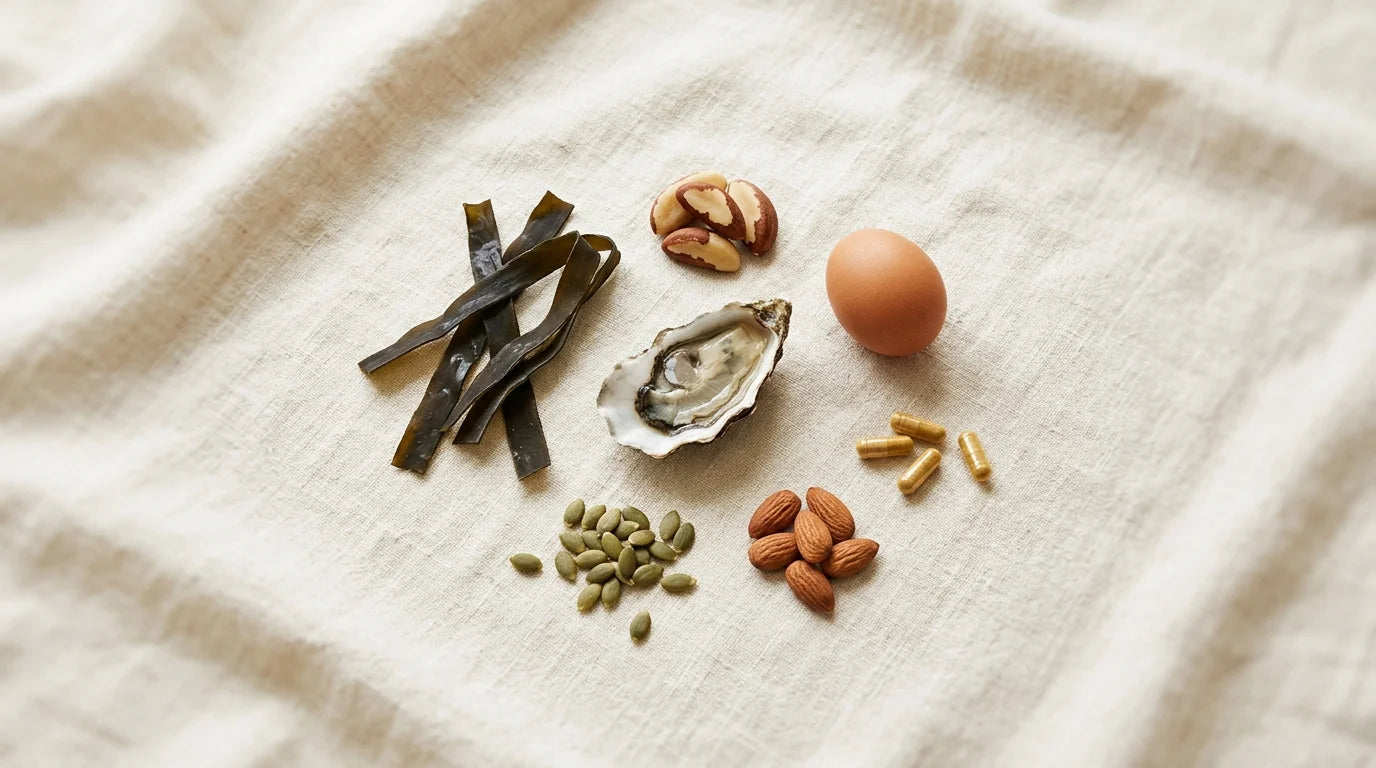 Composition d'ingrédients soutenant la thyroïde : kelp, noix du Brésil, huître, œuf, graines de courge, amandes et gélules nutraceutiques