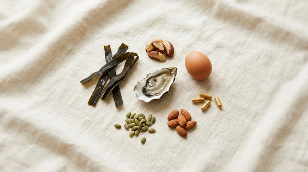 Composition d'ingrédients soutenant la thyroïde : kelp, noix du Brésil, huître, œuf, graines de courge, amandes et gélules nutraceutiques