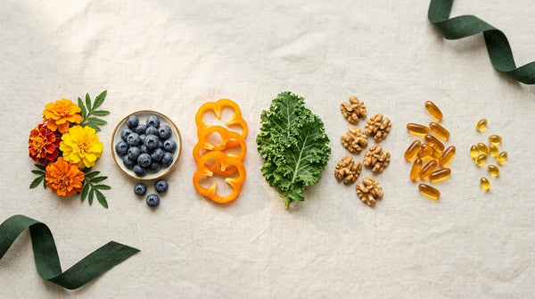 Ingrédients naturels pour la santé visuelle alignés sur lin crème : fleurs de souci (lutéine), myrtilles, poivron orange, kale, noix, gélules oméga-3